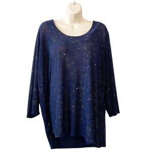 Susan Graver Women Sz 2X Liquid Knit Sequined Pullover Top Blue Slinky Going Out